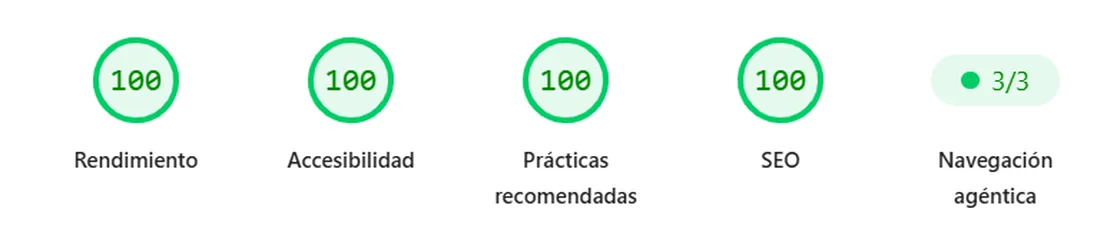 100 out of 100 in Performance, Accessibility, Best Practices and SEO, and Agentic Browsing 3 out of 3 (Mobile)