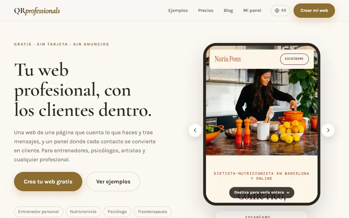 Captura de QRprofessionals: Web profesional gratis para autónomos, con formulario y código QR — clara y editorial